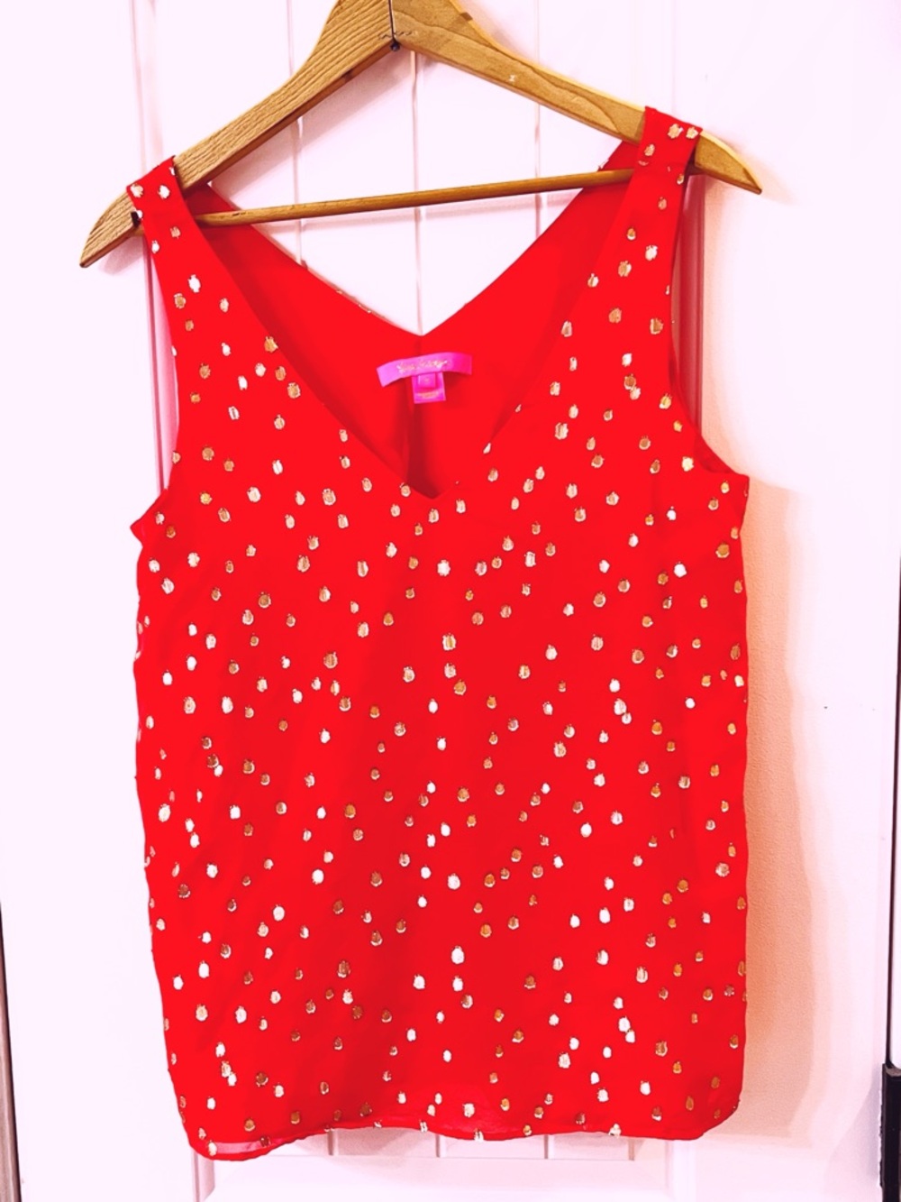 Lilly Pulitzer Bright Coral Red Sleeveless V-Neck Tank with Gold Dot Print